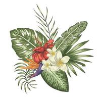 Vektor tropische Komposition aus rotem Hibiskus, weißer Plumeria, Monstera und Palmblättern isoliert auf weißem Hintergrund. Exotische Designelemente im hellen, realistischen Aquarellstil.