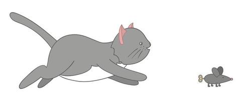 Vektor-Illustration einer Katze, die eine Maus jagt. süße Kätzchen ClipArt. Cartoon-Stil Bild für Kinder. vektor