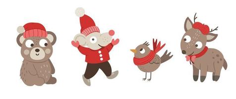 vektor uppsättning jul eller vinter tecken. söta vinterdjur i röda hattar, halsdukar, jackor isolerad på vit bakgrund. rolig platt stil nyår illustration av björn, rådjur, mus, fågel