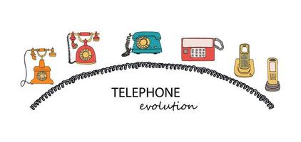 vektor illustration av telefonens utveckling. vektor vintage kommunikationsmedel set. retro samling av trådbunden roterande telefon, radiotelefon.