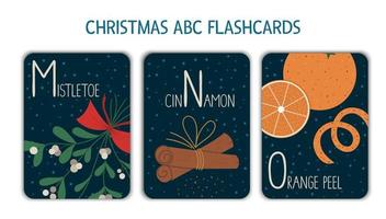 färgglada bokstäver m, n, o. phonics flashkort. söta jultema abc-kort för undervisning i läsning med rolig mistel, kanel, apelsinskal. nyårs festlig aktivitet. vektor