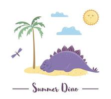 Illustration mit Dino Sonnenbaden oder Schlafen unter der Palme. Sommerszene mit süßem Dinosaurier. lustiger prähistorischer Reptiliendruck für Kinder vektor