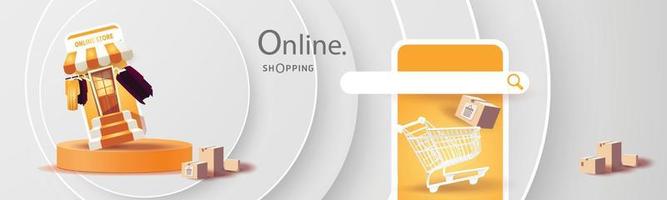 Online-Shopping am Telefon kaufen verkaufen Geschäft digitale Web-Banner-Anwendung Geldwerbung Zahlung E-Commerce-Vektor-Illustration-Suche vektor