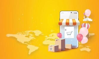 Online-Shopping am Telefon kaufen verkaufen Geschäft digitale Web-Banner-Anwendung Geldwerbung Zahlung E-Commerce-Vektor-Illustration-Suche