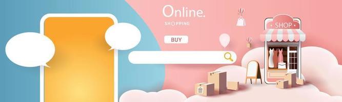 Online-Shopping am Telefon kaufen verkaufen Geschäft digitale Web-Banner-Anwendung Geldwerbung Zahlung E-Commerce-Vektor-Illustration-Suche vektor