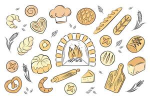 Farbe Bäckerei, brot, Croissant, Brötchen, Kuchen, Holzverbrennung Ofen. einstellen Gekritzel Symbole auf Weiß Hintergrund. vektor