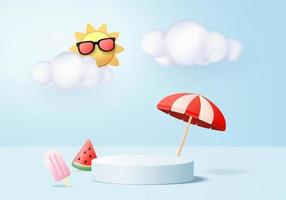 3D sommar bakgrund produkt visa podium scen med moln plattform. bakgrund sommar vektor 3d gör med sol, glass, vattenmelon på podiet. monter visa kosmetisk produkt visa blå studio