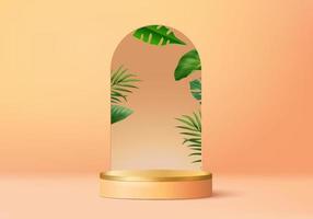 3D-Orange-Palme-Render für den tropischen Sommer. Hintergrundprodukt-Display-Podiumsszene mit tropischer Feiertagsplattform. Sommerhintergrundvektor 3d mit Podium. Ständer für Kosmetikproduktdisplay vektor