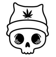 rastaman skalle med hatt och marijuana blad. skalle ogräs. söt skalle i en hatt med en hampa blad. skiss vektor