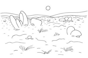 Wüste skizzieren Landschaft mit Sand, Hügel, Steine, Düne, Sonne im Tinte Linie Kunst. schwarz und Weiß Panorama mit das unberührt verlassen Angebot vektor