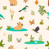 söt sömlös bakgrund med en mängd av capybaras, fjärilar, fåglar, mango, avokado. bra för tyger, omslag papper, omslag och barns mönster. vektor