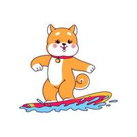 tecknad serie japansk shiba inu hund surfing karaktär vektor