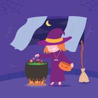 häxan gör potion på halloween natt vektor