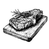florentinska biff med en kvist av rosmarin. middag kött. svart och vit översikt. illustration. vektor