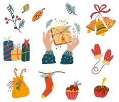 Weihnachtsfeiertagsartikelsammlung. Geschenke, Glocken, Socken und Handschuhe, Zweige und Zapfen. Hand zeichnen Vektor-Illustration für Grußkarten, Weihnachtseinladungen und Scrapbooking vektor