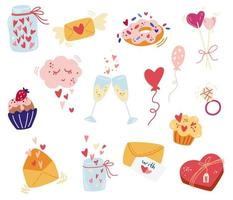 valentinstag elemente sammlung. Herzen, Süßigkeiten, Briefe, Champagner, Ringe, Cupcakes, Geschenke. Vorlage für Karten und Bannerdesign, Aufkleber, Grußkarten. Hand zeichnen Vektor-Illustration. vektor