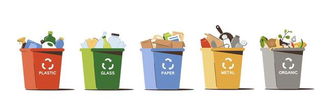 Müll Behälter zum trennen und recyceln Müll. Behälter zum Sortieren Plastik, Glas, Papier, Metall und organisch Abfall zum Recycling. eben anders Farben Müll Büchsen zum Sortierung und Trennung Wurf. vektor