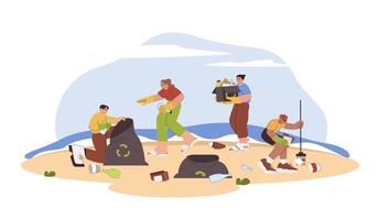eben Freiwillige sammeln anders Arten von Müll, wählen oben Müll auf Meer Strand. Menschen mit Müll Taschen und Rechen sauber oben Abfall oder Wurf zum recyceln. Konzept von Ökologie Probleme und Ozean Verschmutzung. vektor