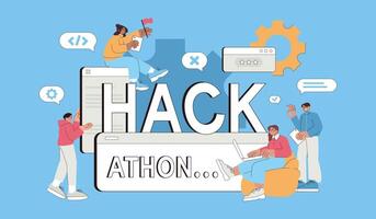 Hackathon eben Illustration. Geschäft Menschen Mannschaft von Programmierer, Netz Entwickler, Projekt Manager und Grafik Designer Arbeit zusammen zum entwickeln, erstellen Programm. Software Entwicklung Konzept. vektor