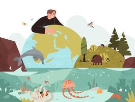 Biodiversität und Natur Schutz eben Illustration. Ökologe Mann schützen anders Lebensraum Typen und biologisch Spezies von Pflanzen, Vögel, Tiere und Ozean Marine Leben auf Planet Erde. vektor