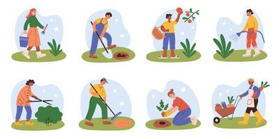 tecknad serie tecken arbetssätt i trädgård, trädgårdsarbete och jordbruk scener, Lycklig trädgårdsmästare plantering vektor