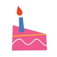 födelsedag kaka ikon, bit av kaka med ljus, tecknad serie illustration för firande, bageri efterrätt med dekoration, fest inbjudan, söt färgrik klotter, skiva av kaka vektor