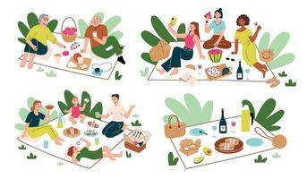 människor har picknick utomhus. samling av scener med vänner spendera tid i natur, äter mat, dricka. platt tecknad serie picknick korgar, måltider uppsättning. illustration av familj avkopplande i sommar vektor