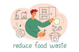 minska mat avfall affisch, man kasta matrester i kompost bin, illustration av platt karaktär och planet jorden, återanvändning sopor ikoner, hållbar äter sammansättning, ekologi medvetenhet vektor