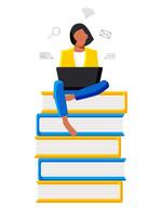 ein Niedlich, zielgerichtet weiblich Schüler sitzt mit ein Laptop unter Bücher und Lehrbücher. online Bildung Konzept. vektor