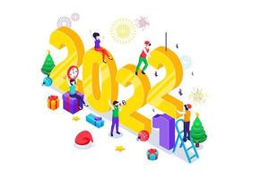 gott nytt år designkoncept. människor firar det nya året genom att ändra den enorma symbolen antal år. isometrisk vektorillustration vektor