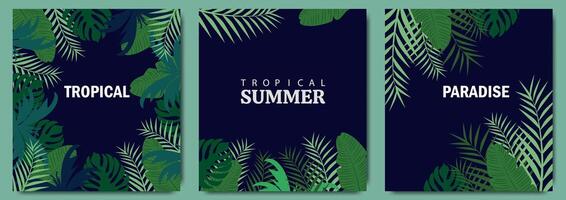 uppsättning av affisch mallar med tropisk löv på en mörk bakgrund. färgrik ljus handflatan löv, monstera, alocasia, banan, filodendron. illustration med tropisk paradis. vektor