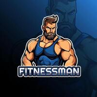 fitnessman maskot logotyp design för bricka, emblem, esport och t-shirt utskrift vektor