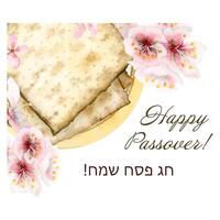 Lycklig påsk vattenfärg hälsning baner med matzah bröd på tallrik, mandel blommor, chag sammaah hebré hälsningar vektor