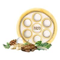Gold Passah Seder Teller mit traditionell Urlaub Essen Aquarell Illustration. jüdisch Urlaub Vorlage vektor