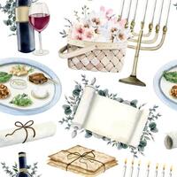 påsk seder symboler sömlös mönster med vattenfärg jewish Semester tallrik, pesach mat, blommor, röd vin, menora, matzah vektor