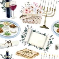 Passah Seder Symbole nahtlos Muster mit Aquarell jüdisch Urlaub Platte, Pesach Essen, Blumen, rot Wein, Menora, Matze vektor