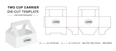 zwei Tassen Träger Box mit 3d leer Attrappe, Lehrmodell, Simulation. Getränk Tasse Halter Dieline vektor