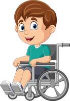 Karikatur glücklich Junge Sitzung auf Rollstuhl vektor