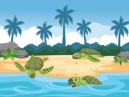 tecknad serie hav sköldpaddor på de strand vektor