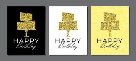 Lycklig födelsedag hälsning kort illustration uppsättning med guld gnistra kaka på svart, vit och gul bakgrund vektor