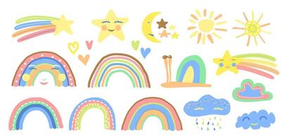 Kinder Regenbogen, Sonne, Wolke, Schnecke, Star und Herz Pastell- Hand gezeichnet Illustration vektor