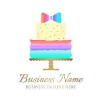 Regenbogen Farbe Kuchen Logo zum Bäckerei Geschäft oder Geburtstag Feier Party mit ein bunt Bogen vektor