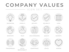 företag företag kärna värden översikt ljus grå ikon uppsättning. innovation, stabilitet, säkerhet, pålitlighet, Rättslig och känslighet, förtroende, hög standard, kvalitet, genomskinlighet ansvar passionen ikoner. vektor