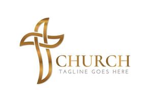 Gold Christian Kirche Logo Design mit golden Kreuz vektor