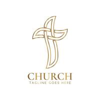 Christian Kirche Gliederung Gold Logo Design mit Kreuz vektor