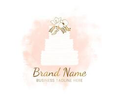 elegant vit kaka bageri logotyp i lyx bröllop stil på ljus persika rosa vattenfärg bakgrund vektor