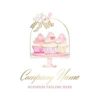 schön Rosa Cupcakes im Muffin Halter. Hand gezeichnet Aquarell Logo vektor