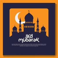 eid Mubarak Poster mit ein Halbmond Mond und ein Moschee eid Poster. vektor
