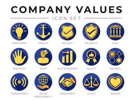 platt Färg företag kärna värden ikon uppsättning. innovation, stabilitet, säkerhet, känslighet, förtroende, hög standard, kvalitet, mångfald, genomskinlighet, social ansvar, engagemang, etik, passionen ikoner. vektor