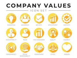 platt företag kärna värden ikon uppsättning. stabilitet, pålitlighet, Rättslig, känslighet, förtroende, hög standard, kvalitet, mångfald, genomskinlighet, social ansvar, engagemang, etik, passionen ikoner. vektor